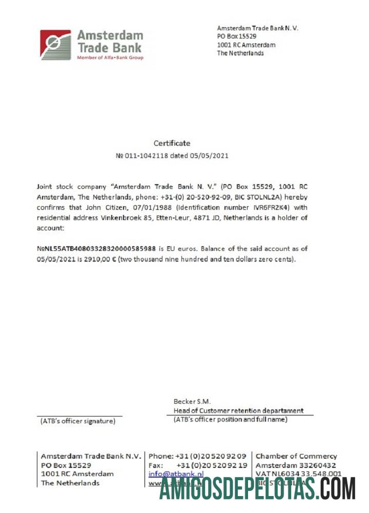 Certificado do Banco Comercial de Amsterdã da Holanda baixar para verificação